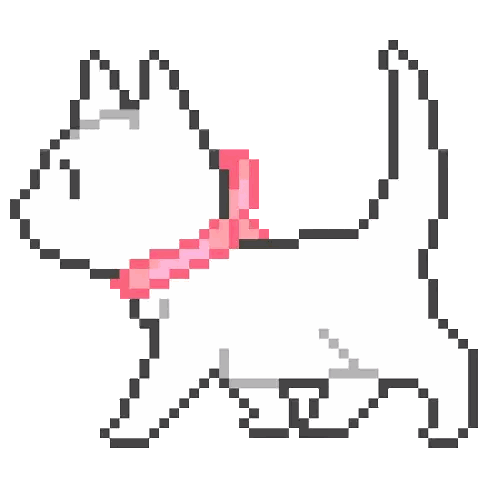 a pixel art drawing of a scottish terrier with a pink bow on its neck .