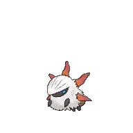 a pixel art drawing of a sheep with red horns and a blue eye on a white background .