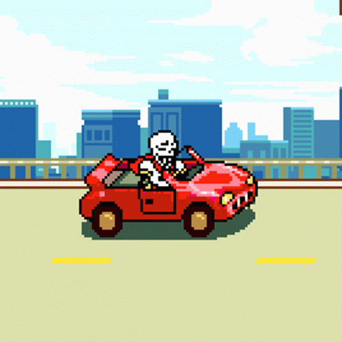 A Pixel Art Drawing Of A Skeleton In A Red Car GIF