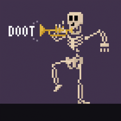 A Pixel Art Drawing Of A Skeleton Playing A Trumpet With The Word Doot Written On It GIF