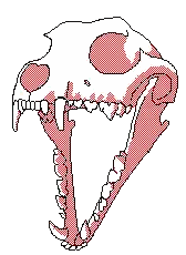 a pixel art drawing of a skull with teeth and hearts