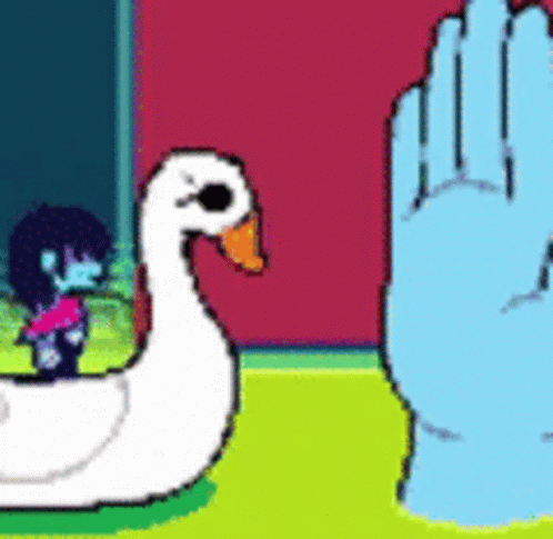 A Pixel Art Drawing Of A Swan And A Blue Hand . GIF