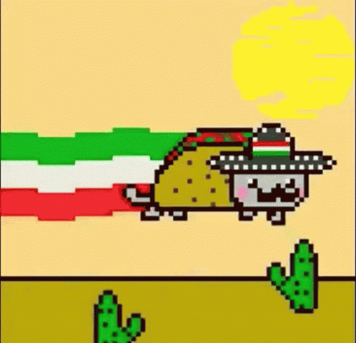 A Pixel Art Drawing Of A Taco Wearing A Sombrero Flying Through The Air . GIF