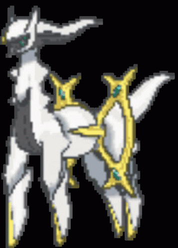 A Pixel Art Drawing Of A White And Gold Pokemon With A Black Background GIF