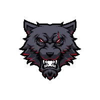a pixel art drawing of a wolf 's head with red eyes and sharp teeth .