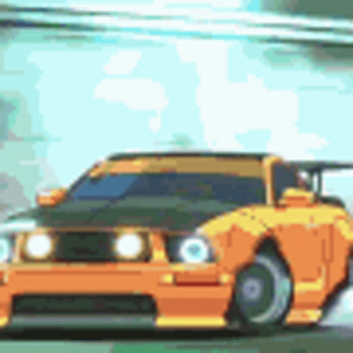 A Pixel Art Drawing Of A Yellow Car Driving Down A Road . GIF