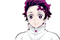 a pixel art drawing of a young boy with purple hair and a white jacket .