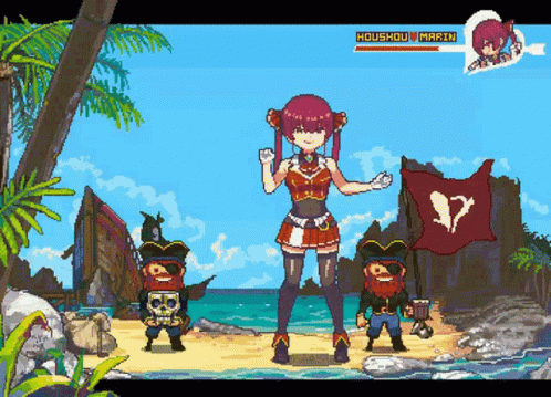 A Pixel Art Drawing Of Houshou Marin Standing On The Beach GIF