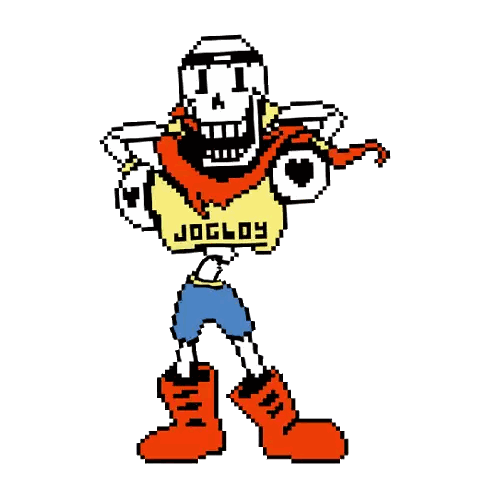 a pixel art drawing of papyrus from undertale wearing a shirt that says jogloy .