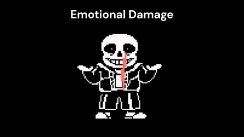 A Pixel Art Drawing Of Sans From Undertale With The Words `` Emotional Damage '' Written Above Him . GIF