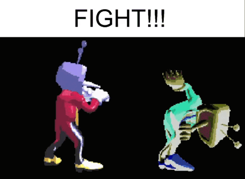A Pixel Art Drawing Of Two Cartoon Characters With The Words Fight !!! Above Them GIF