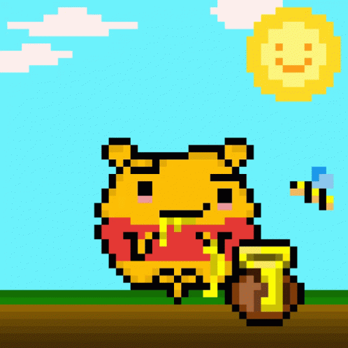 a pixel art drawing of winnie the pooh with a jar of honey