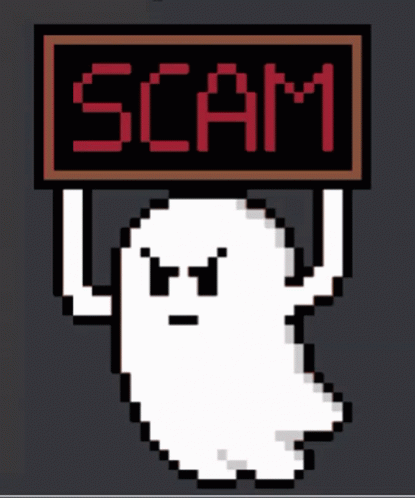 A Pixel Art Ghost Is Holding Up A Sign That Says Scam GIF