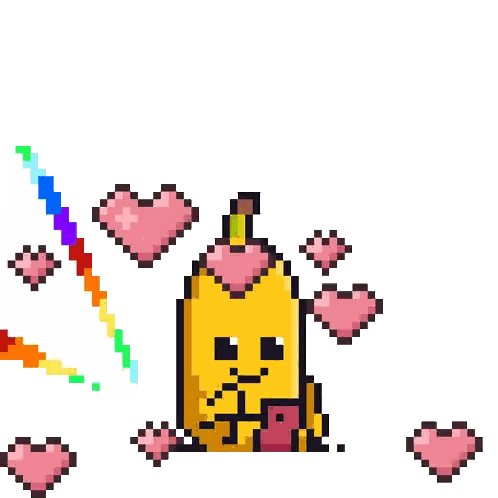 a pixel art illustration of a banana with hearts around it