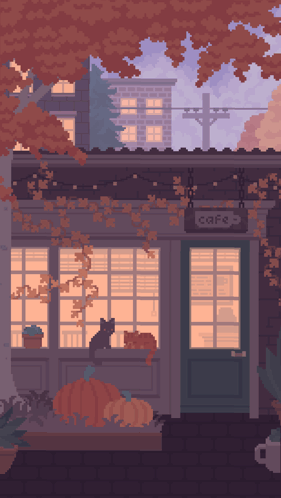 A Pixel Art Illustration Of A Cafe With Two Cats Sitting Outside GIF