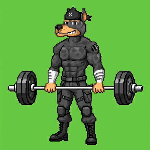 A Pixel Art Illustration Of A Dog Lifting A Barbell Over Its Head . GIF