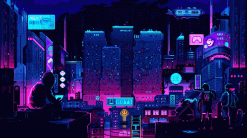 A Pixel Art Illustration Of A Futuristic City With A Sign That Says Next GIF