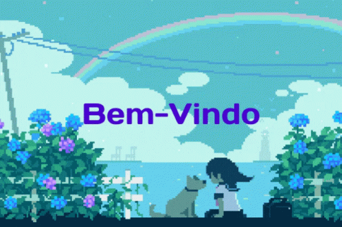 A Pixel Art Illustration Of A Girl And A Dog With The Words Bem-Vindo Above Them GIF