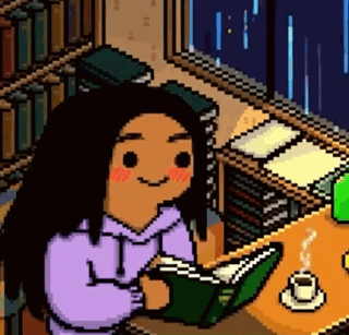 A Pixel Art Illustration Of A Girl Reading A Book . GIF