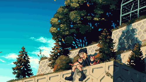 Pixel Girl Sitting With Cats GIF