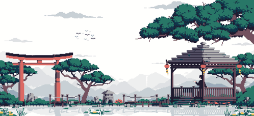 A Pixel Art Illustration Of A Landscape With A Gazebo And A Torii Gate GIF