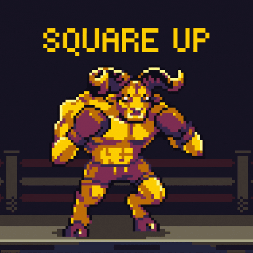 A Pixel Art Illustration Of A Monster With The Words Square Up Above Him GIF