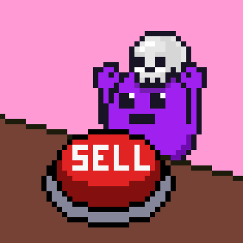 A Pixel Art Illustration Of A Purple Ghost With A Skull And A Red Sell Button GIF