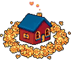 a pixel art illustration of a red house with a blue roof