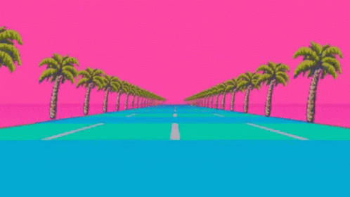 A Pixel Art Illustration Of A Road With Palm Trees On Both Sides . GIF