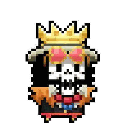 a pixel art illustration of a skeleton wearing a crown and a bow tie .