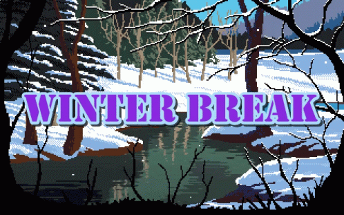 A Pixel Art Illustration Of A Snowy Forest With The Words Winter Break GIF