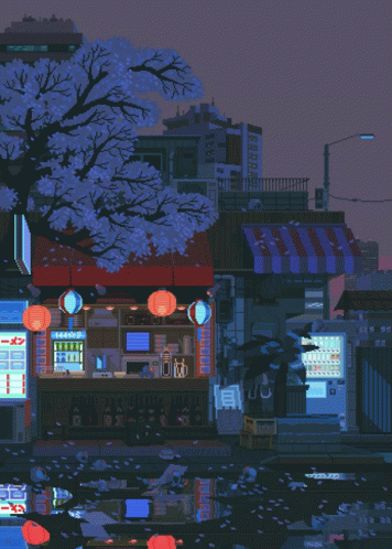 A Pixel Art Illustration Of A Store With A Sign That Says ' Ramen ' On It GIF