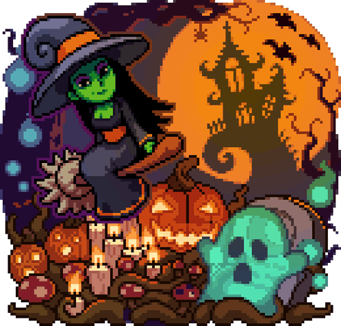 A Pixel Art Illustration Of A Witch On A Broom Surrounded By Pumpkins And Candles GIF