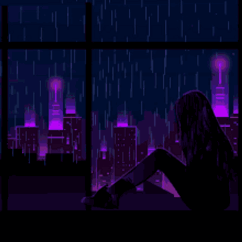A Pixel Art Illustration Of A Woman Sitting In Front Of A Window Looking Out At A City At Night . GIF