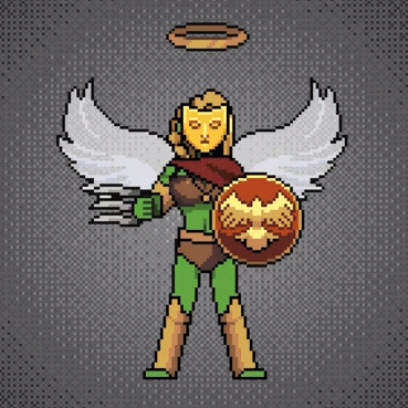 a pixel art illustration of a woman with wings holding a shield