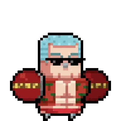 a pixel art illustration of franky from one piece wearing sunglasses and a red jacket .