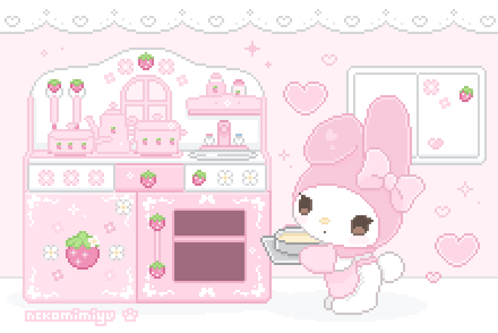 A Pixel Art Illustration Of My Melody Cooking In A Pink Kitchen GIF