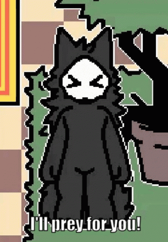 A Pixel Art Of A Black Furry Animal Standing Next To A Tree With The Words `` I 'Ll Prey For You ! '' GIF