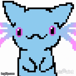 A Pixel Art Of A Blue Cat With Pink Wings And Eyes GIF