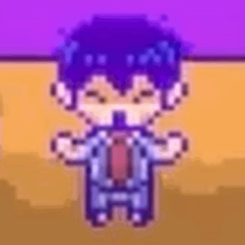 A Pixel Art Of A Boy In A Suit And Tie Standing On A Purple Background . GIF