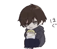 a pixel art of a boy sitting down eating a sandwich