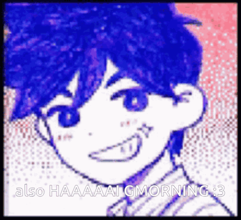 A Pixel Art Of A Boy With Blue Hair And The Words Also Haaaai Gmorning 3 GIF