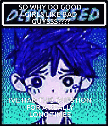 A Pixel Art Of A Boy With Blue Hair And The Words " So Why Do Good Girls Like Bad Guysss " GIF