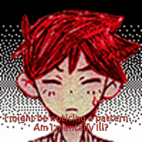 A Pixel Art Of A Boy With Red Hair And The Words I Might Be Noticing A Pattern Am I Mentally Ill ? GIF