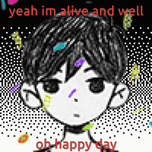 A Pixel Art Of A Boy With The Words Yeah Im Alive And Well Oh Happy Day Below Him GIF