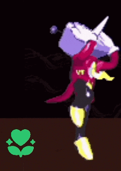 A Pixel Art Of A Cartoon Character Dancing With A Green Heart In The Foreground GIF