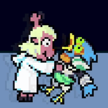 a pixel art of a cartoon character standing next to another character .