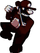 a pixel art of a cartoon character wearing a hat and holding a gun .
