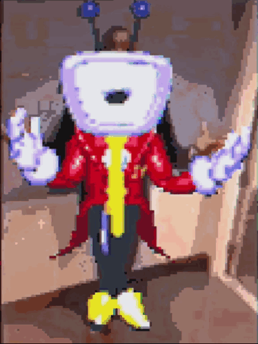 A Pixel Art Of A Cartoon Character Wearing A Red Jacket And Yellow Tie GIF