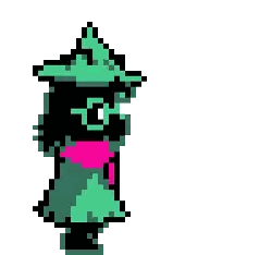 a pixel art of a cartoon character with a green hat and a pink scarf